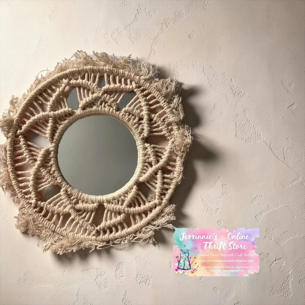Boho Macrame Magazine Rack and Round Wall Mirror Set‎ Cream Cotton Wood Frame